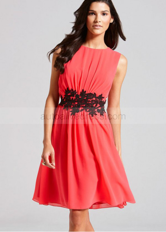 Coral Chiffon Black Lace Boat Neckline Short Prom Dress